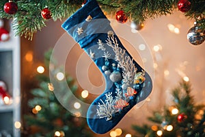 Christmas stocking underwater with fishs and sea plants around, xmas background