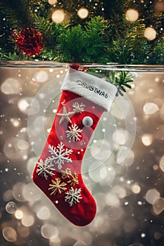 Christmas stocking underwater with fishs and sea plants around, xmas background