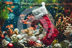 Christmas stocking underwater with fishs and sea plants around, xmas background