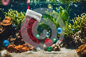 Christmas stocking underwater with fishs and sea plants around, xmas background