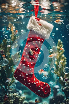 Christmas stocking underwater with fishs and sea plants around, xmas background