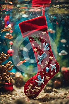 Christmas stocking underwater with fishs and sea plants around, xmas background