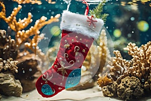 Christmas stocking underwater with fishs and sea plants around, xmas background