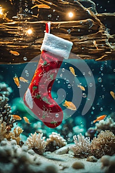 Christmas stocking underwater with fishs and sea plants around, xmas background