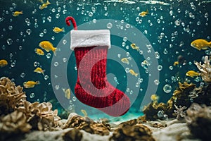 Christmas stocking underwater with fishs and sea plants around, xmas background