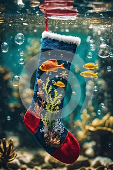 Christmas stocking underwater with fishs and sea plants around, xmas background