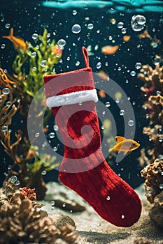 Christmas stocking underwater with fishs and sea plants around, xmas background