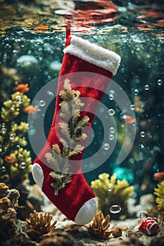 Christmas stocking underwater with fishs and sea plants around, xmas background