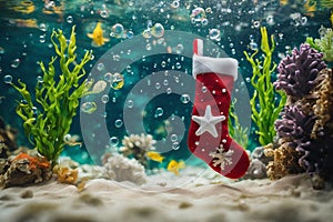 Christmas stocking underwater with fishs and sea plants around, xmas background