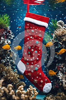 Christmas stocking underwater with fishs and sea plants around, xmas background