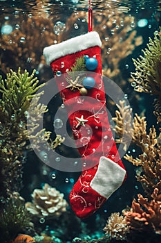 Christmas stocking underwater with fishs and sea plants around, xmas background