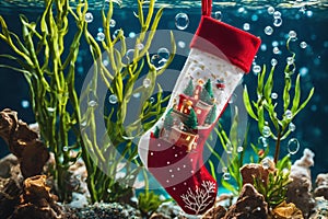 Christmas stocking underwater with fishs and sea plants around, xmas background