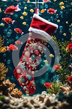 Christmas stocking underwater with fishs and sea plants around, xmas background