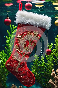 Christmas stocking underwater with fishs and sea plants around, xmas background