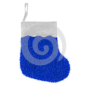 Christmas stocking on white background isolated close up, blue and silver color Santa Claus sock, traditional New Year sock