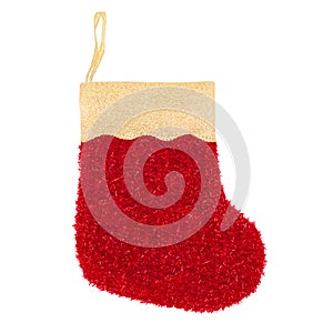 Christmas stocking on white background isolated close up, red and golden color Santa Claus sock, New Year decorative sock