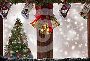 Christmas stockings window,gold bells,tree decorations,snow background for greeting card