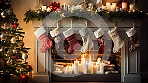 Christmas stockings hanging on a fireplace in a cozy living room