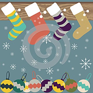 Christmas stockings hanging on mantel festive background photo