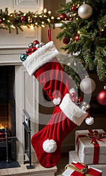 Christmas Stockings And Ornaments. Overhead Shot. Soft Lighting. Indoor Beside The Fireplac. Generative AI