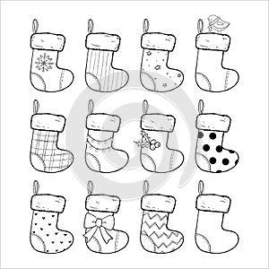 Christmas stockings set hand drawn vector illustration, black and white. Sock-shaped bags. Decorated winter socks