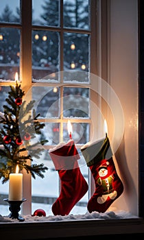 Christmas Stockings And A Snowy Window Illuminated By Candleligh. Generative AI