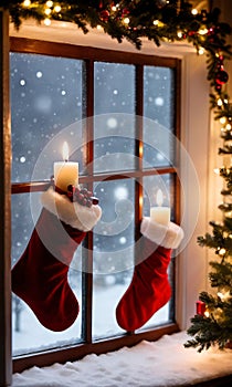 Christmas Stockings And A Snowy Window Illuminated By Candleligh. Generative AI