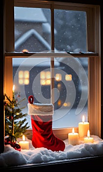 Christmas Stockings And A Snowy Window Illuminated By Candleligh. Generative AI