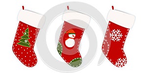 Christmas stockings. Stickers, clipart for xmas. Red, green socks with snowflakes, snowman, Christmas tree. Hanging stockings