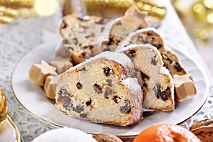 Christmas stollen cake on festive table