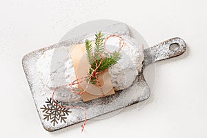 Christmas stollen - German bread on a white background.