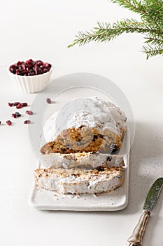 Christmas stollen traditional festive German bread for holiday.