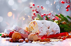 Christmas stollen. Traditional sweet fruit loaf