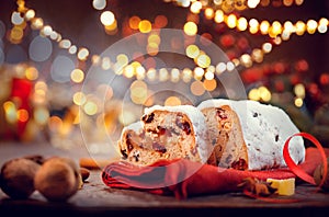 Christmas stollen. Traditional sweet fruit loaf