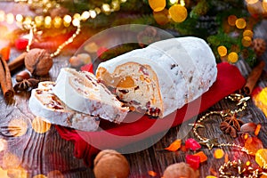 Christmas stollen. Traditional sweet fruit loaf