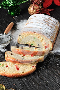 Christmas Stollen. Traditional Sweet Fruit Loaf German Bread