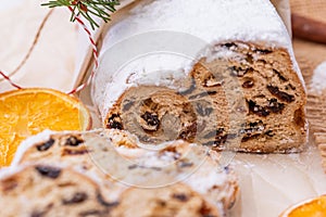 Christmas stollen on wooden background. baking for xmas