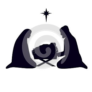 Christmas story Mary Joseph and baby Jesus in manger. Nativity scene in silhouette of baby Jesus in the manger