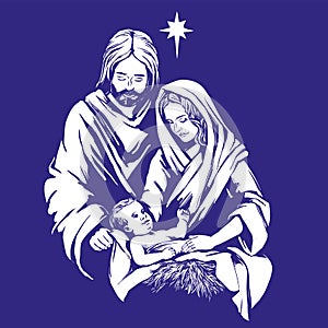 Christmas story. Mary, Joseph and the baby Jesus, Son of God , symbol of Christianity hand drawn vector illustration.