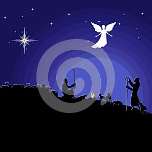 Christmas story. Night Bethlehem. An angel appeared to the shepherds to tell about the birth of the Savior Jesus into the world