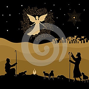 Christmas story. Night Bethlehem. An angel appeared to the shepherds to tell about the birth of the Savior Jesus into the world