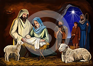 Christmas story. Christmas night, Mary, Joseph and the baby Jesus, Son of God , symbol of Christianity art illustration photo