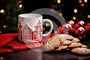 christmas storybooks beside gingerbread cookies and red mug