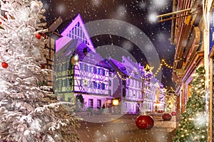 Christmas street at night in Colmar, Alsace, France