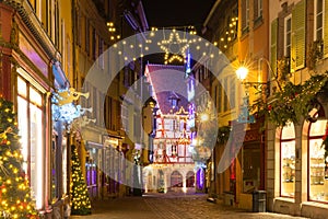 Christmas street at night in Colmar, Alsace, France