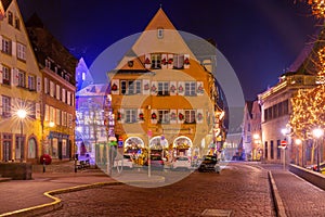 Christmas street at night, Colmar, Alsace, France