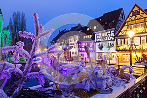 Christmas street at night, Colmar, Alsace, France