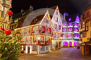 Christmas street at night in Colmar, Alsace, France