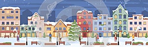 Christmas street, residential houses and people