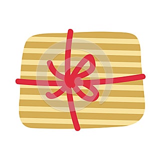 Christmas striped gift box decorated with red bow ribbon.